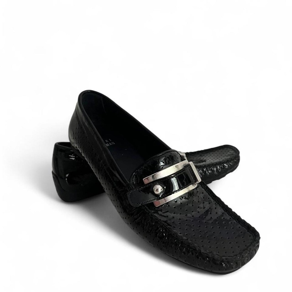 Stuart Weitzman Cia Black Patent Perforated Buckle Loafers 6.5 M
